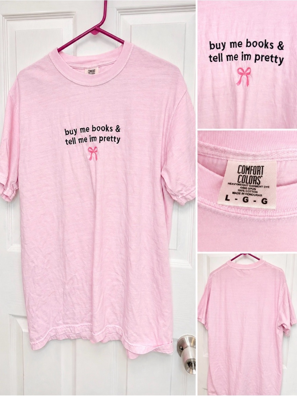 Comfort Colors women’s Pink 'Buy Me Books & Tell Me I'm Pretty' embroidered Te